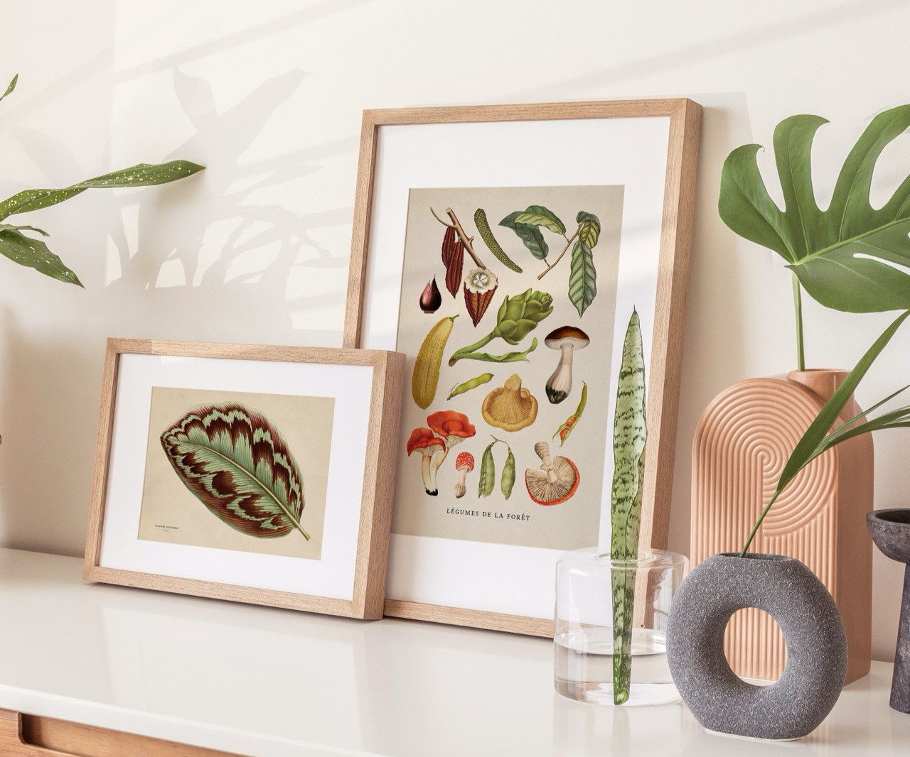 framed green art prints with plants in vases