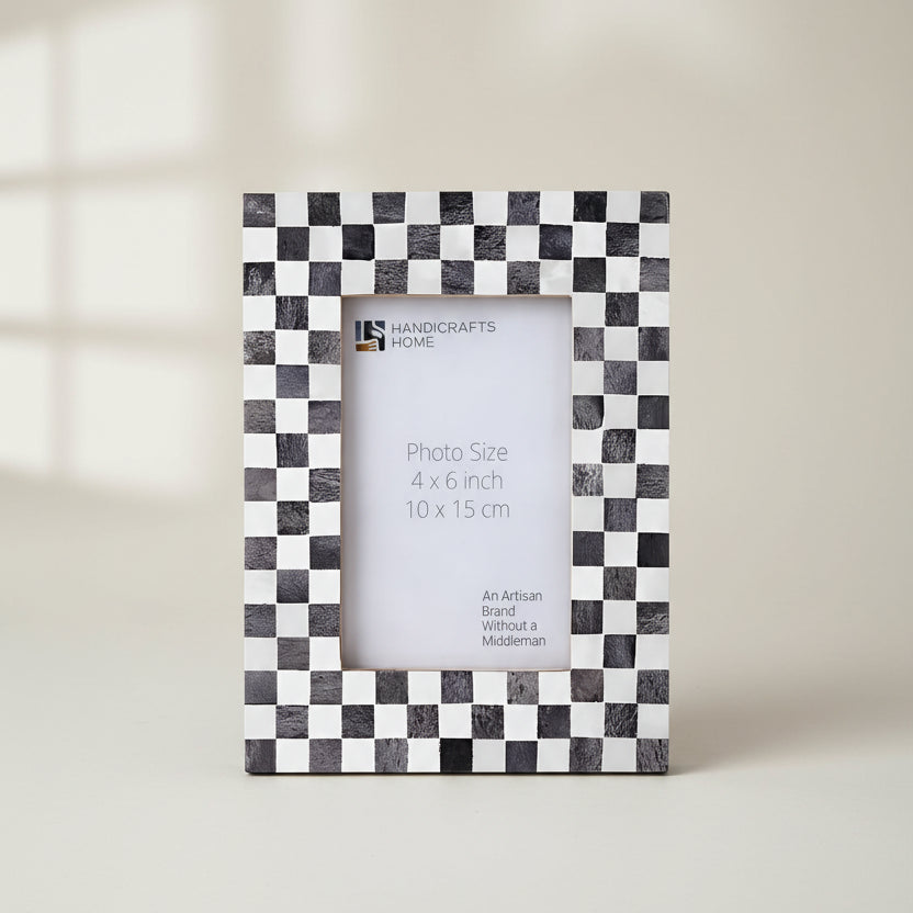 Handicrafts Home Picture Frames Grey-White / 4x6 Picture Frame Checkered Pattern Bone Inlay, Grey - White, 4" x 6" & 5" x 7"