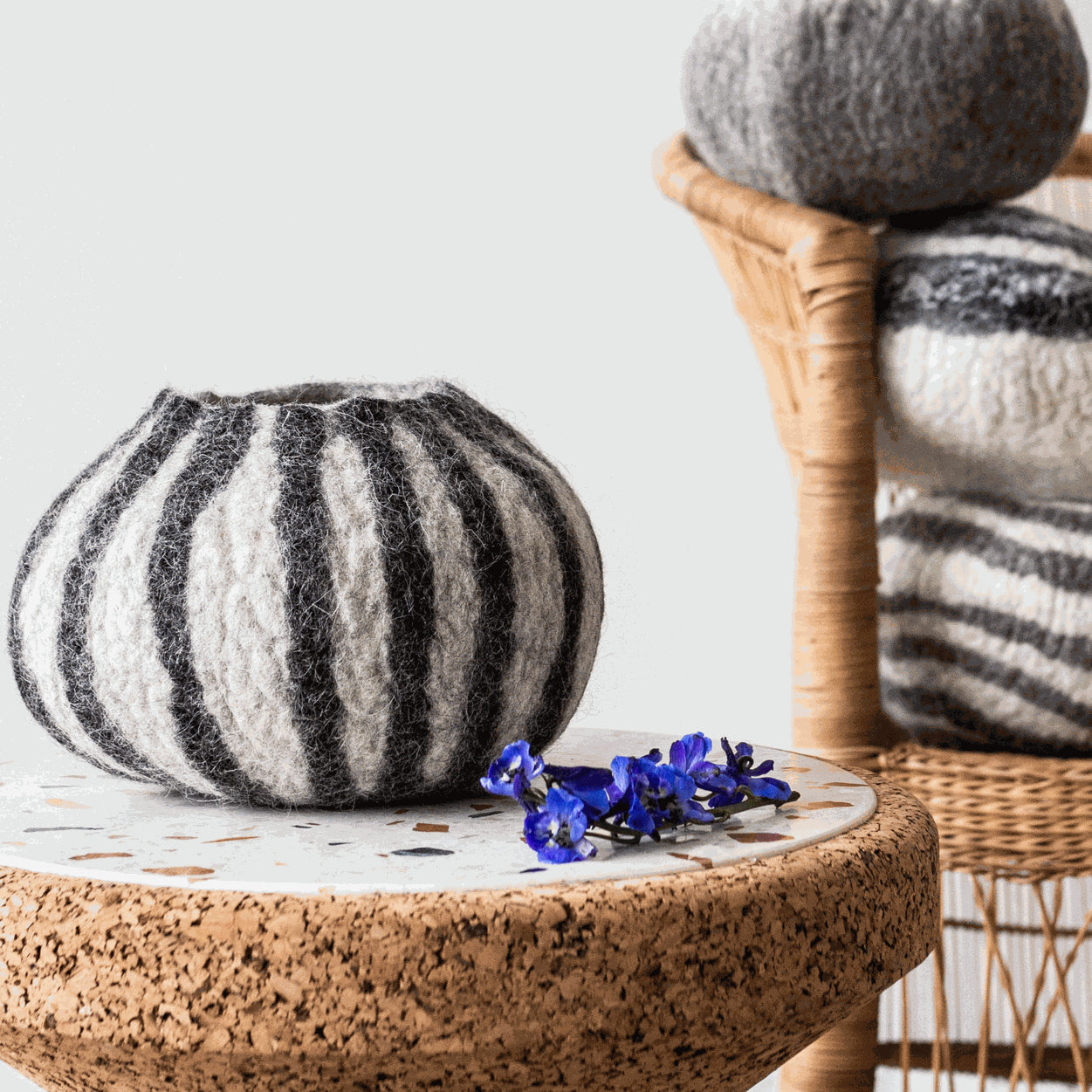 kanju Grey Karakul Striped Decorative Wool Ukhamba Bowl