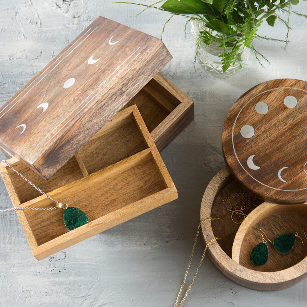 Matr Boomie Indukala Moon Phase Jewelry Box With Tray - Wood Brass Inlay