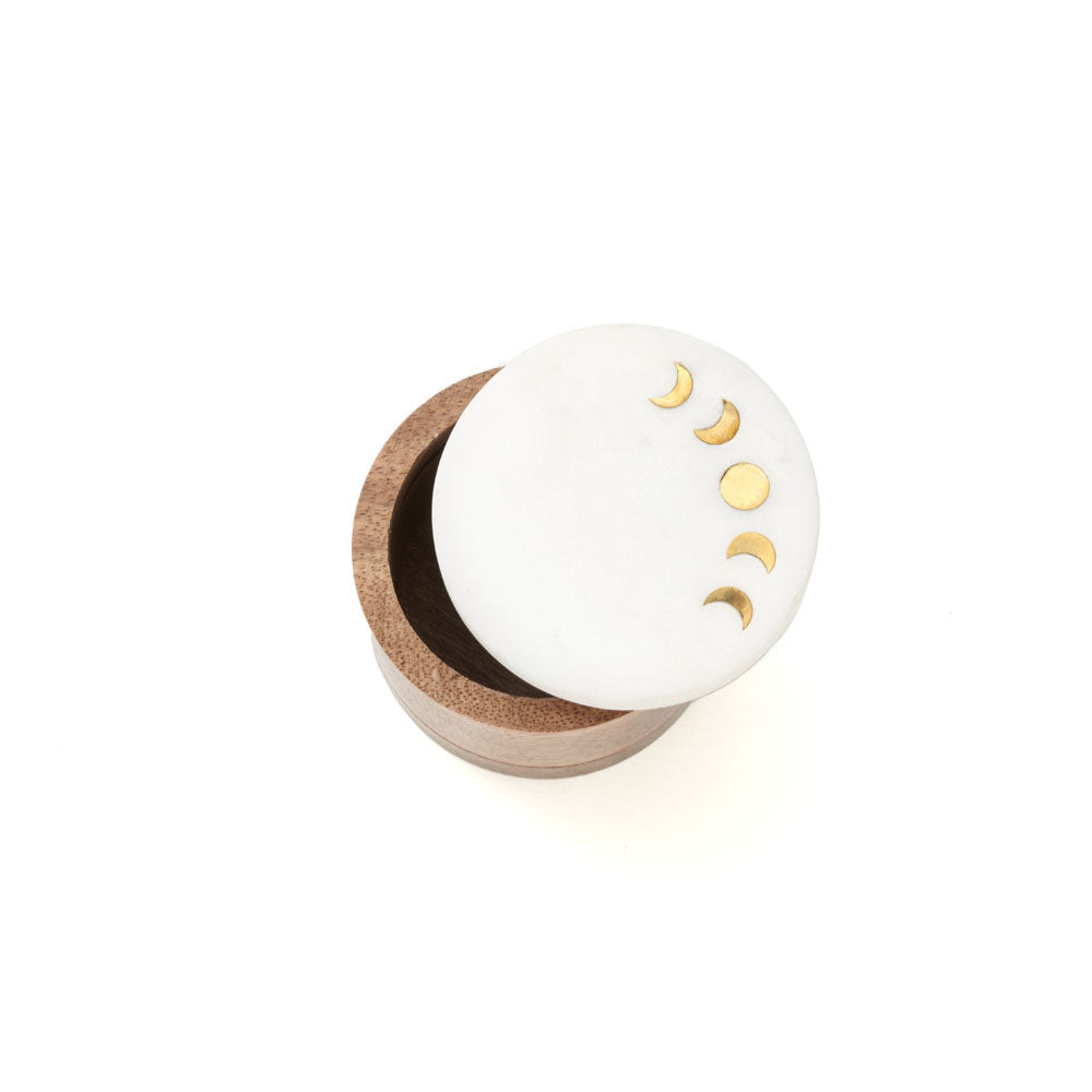 Matr Boomie Indukala Moon Phase Round Keepsake Box - Wood, Marble, Brass