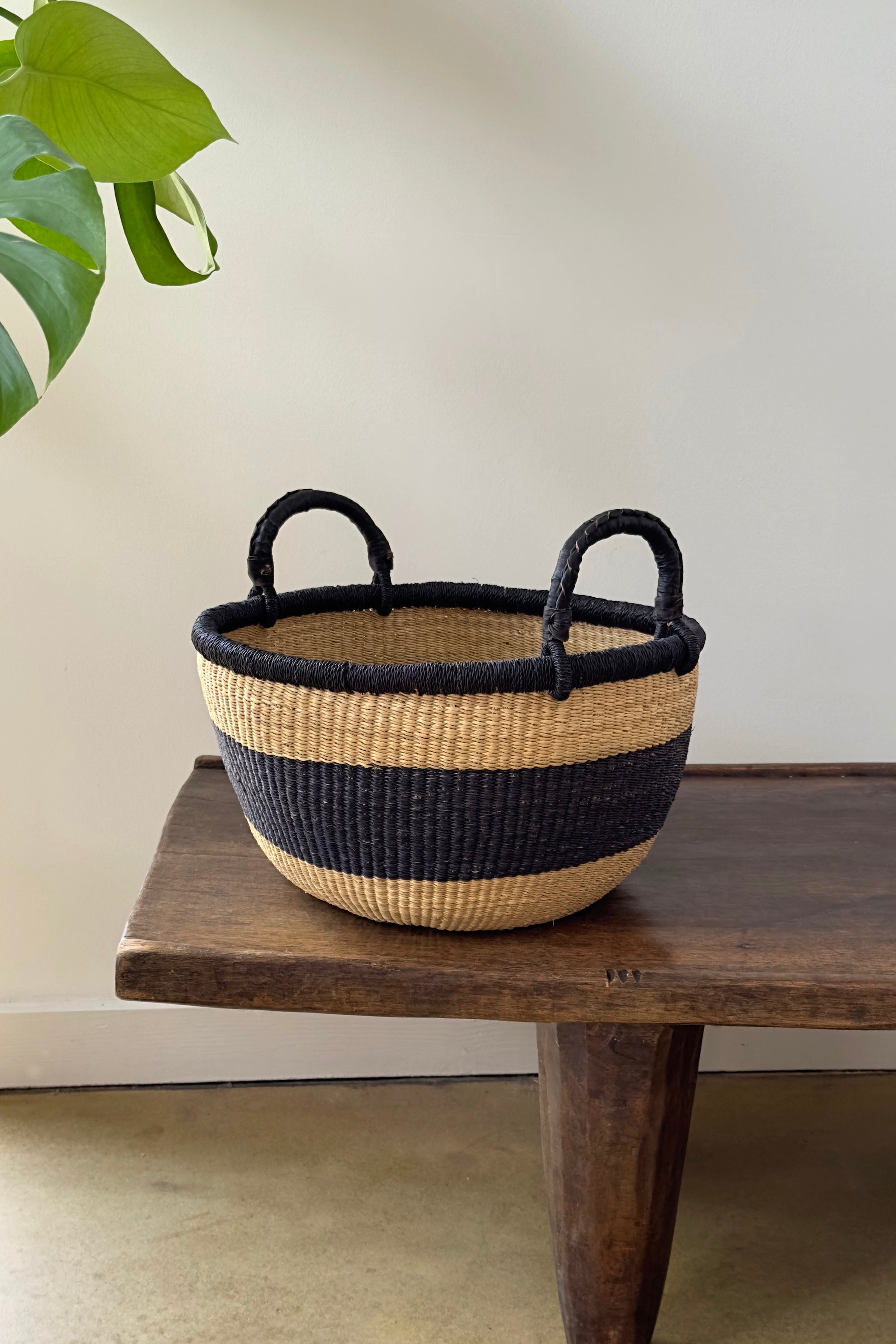 Mbare Handwoven Natural & Black Stripe Bolga Basket - Large Round
