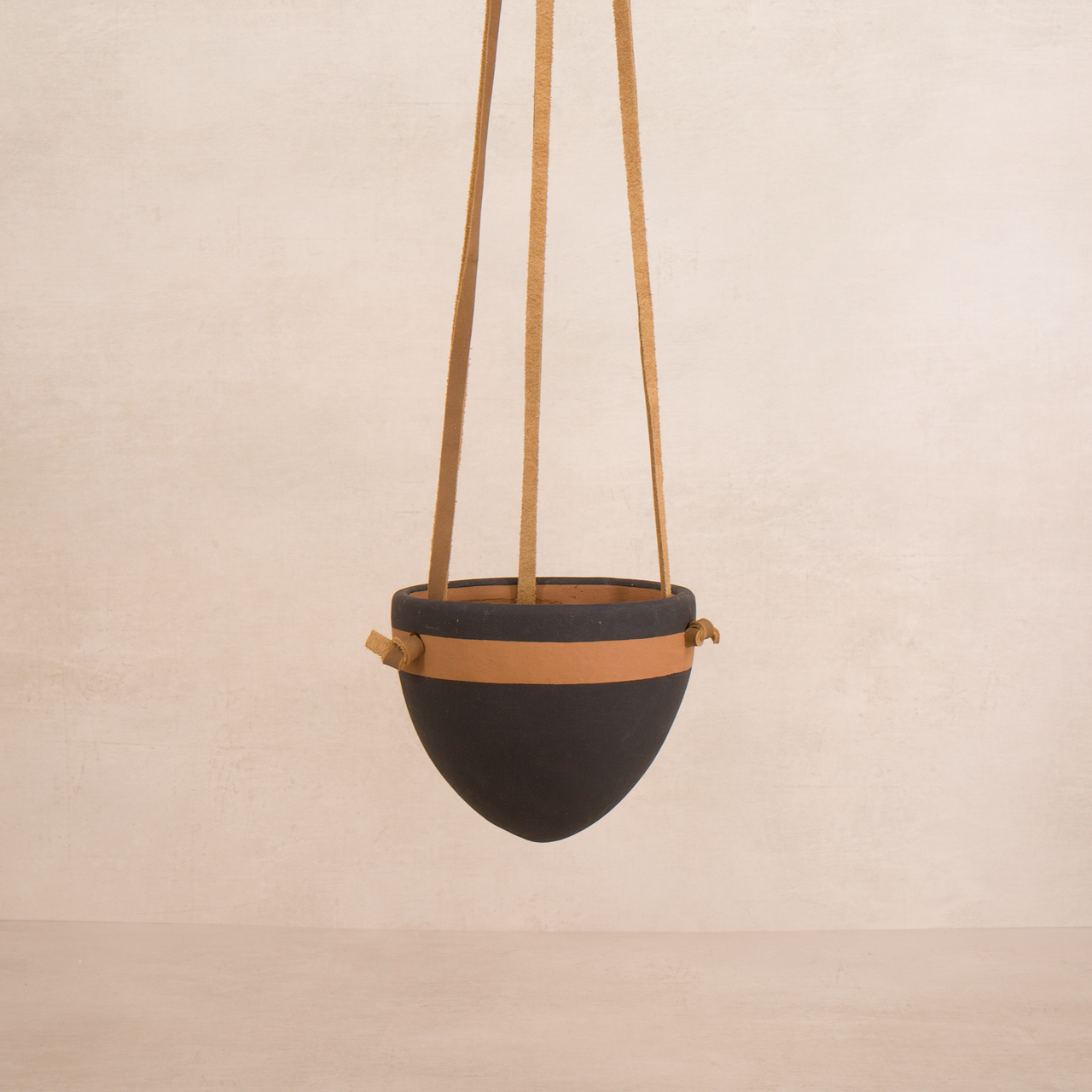 Women of the Cloud Forest planter Black Terracotta Hanging Planter with Leather Hanger