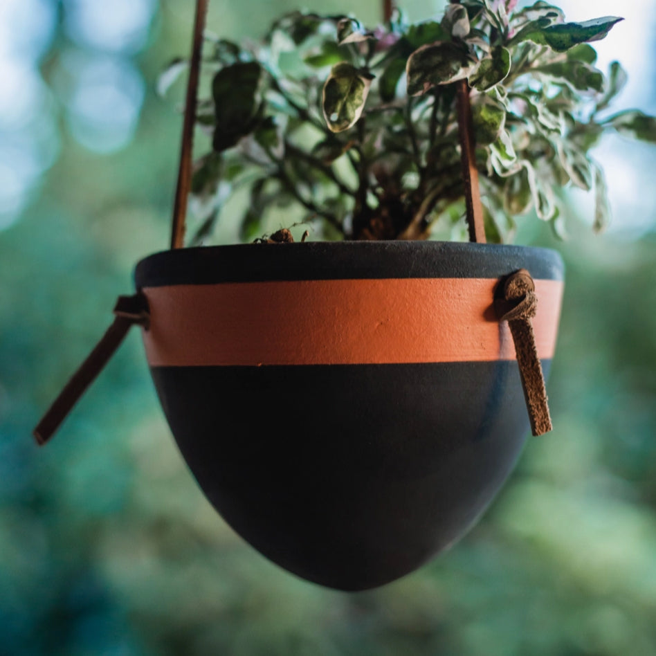 Women of the Cloud Forest planter Black Terracotta Hanging Planter with Leather Hanger