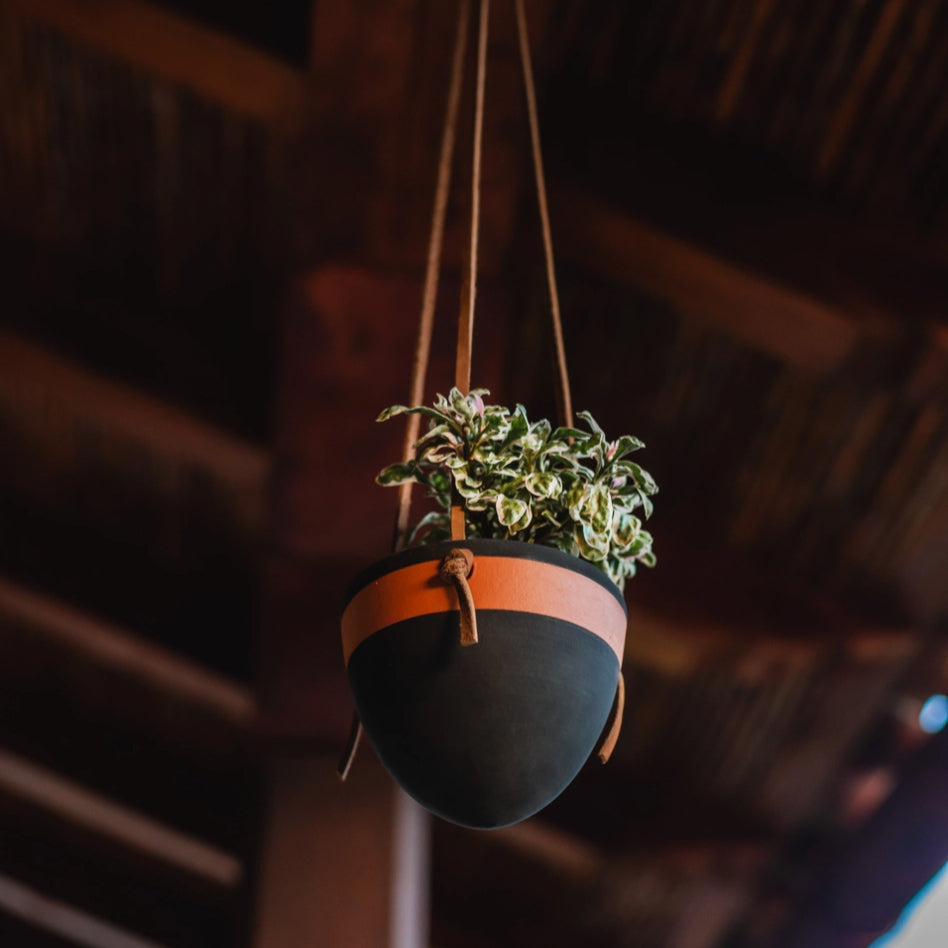Women of the Cloud Forest planter Black Terracotta Hanging Planter with Leather Hanger