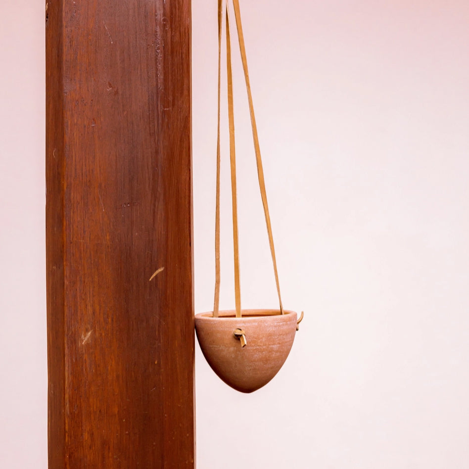 Women of the Cloud Forest planter Terracotta Hanging Planter with Leather Hanger