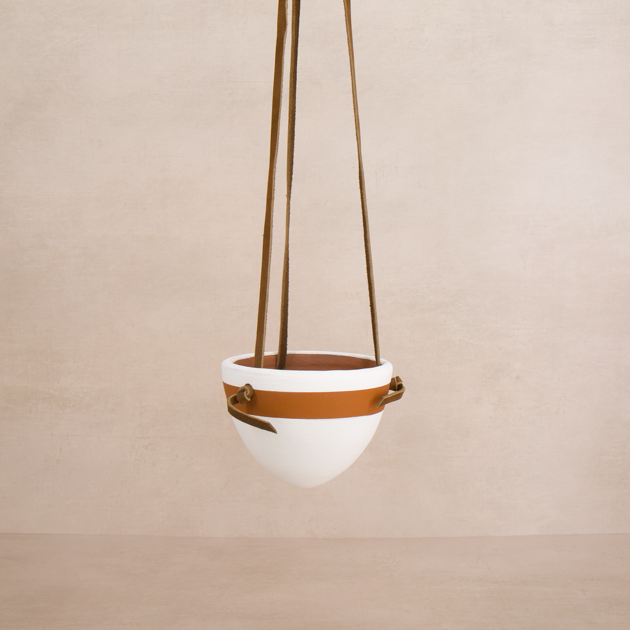 hanging planter with leather strap White Terracotta Hanging Planter