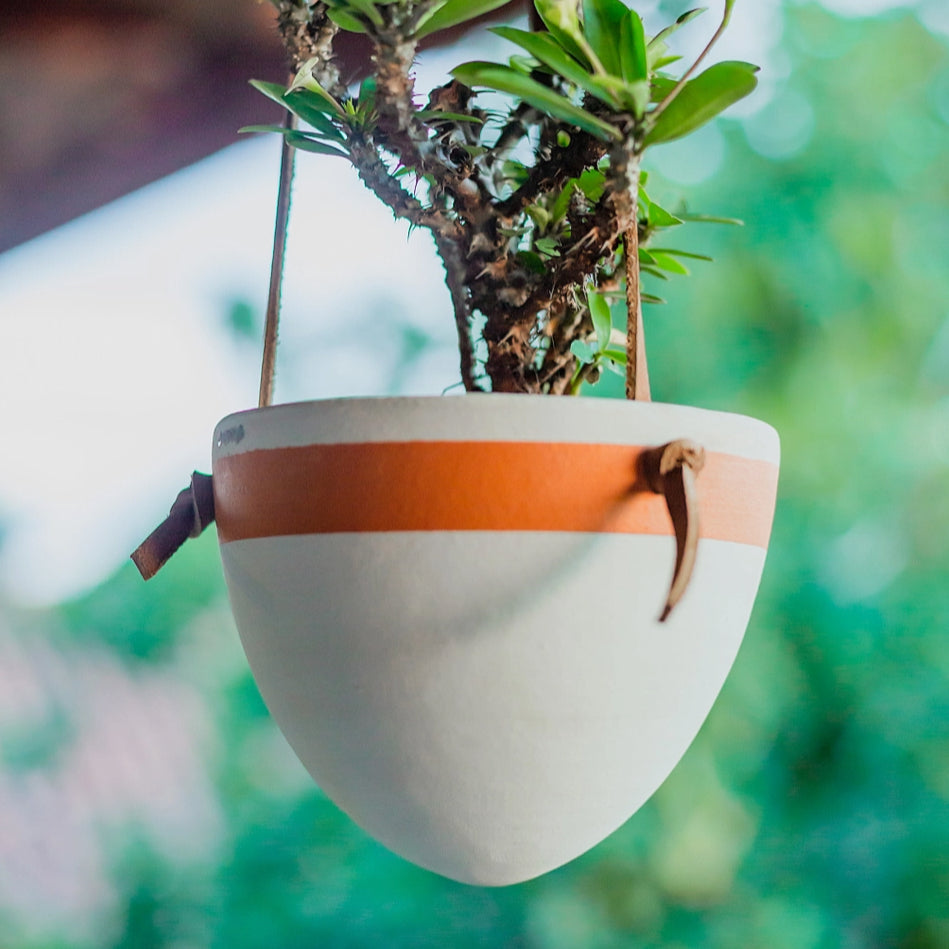 Women of the Cloud Forest planter White Terracotta Hanging Planter with Leather Hanger