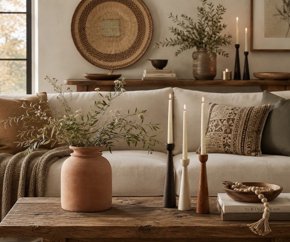 organic modern living room with fall decor