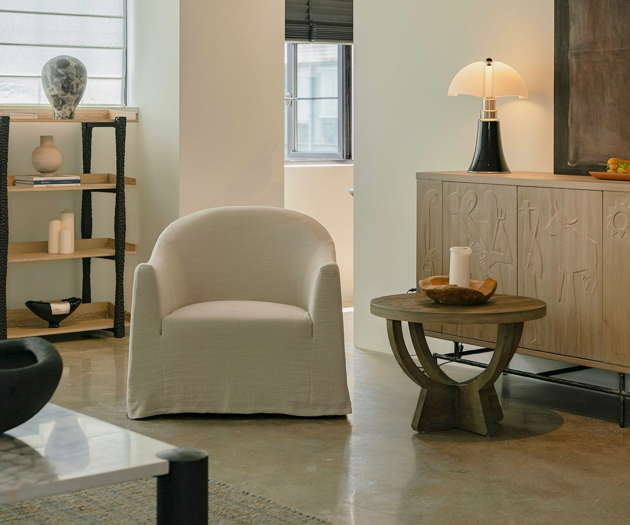 Living room styled with neutral sustainable decor