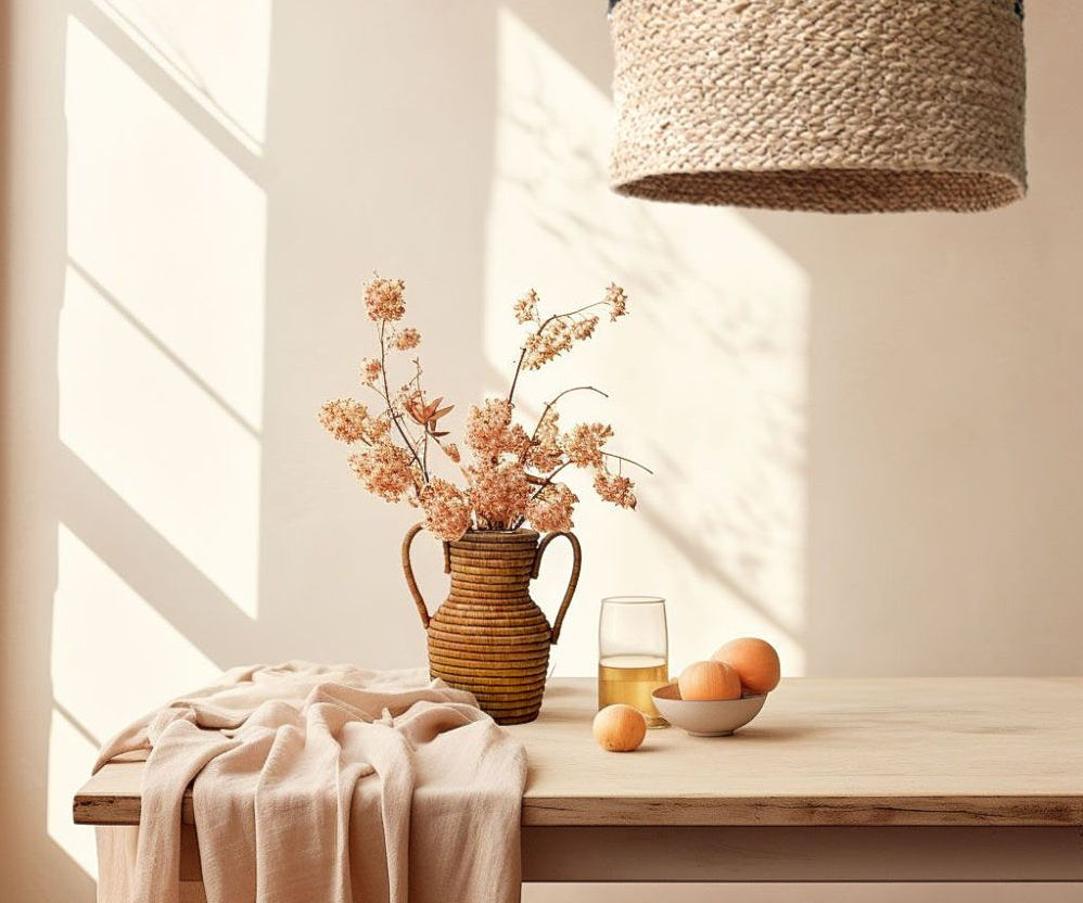 woven vase with flowers on wooden table