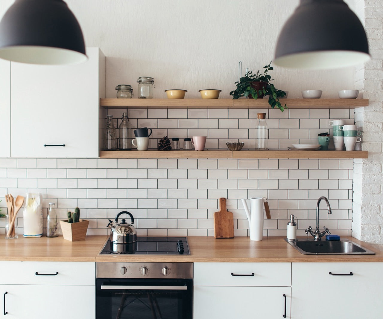 modern kitchen with floating shelves