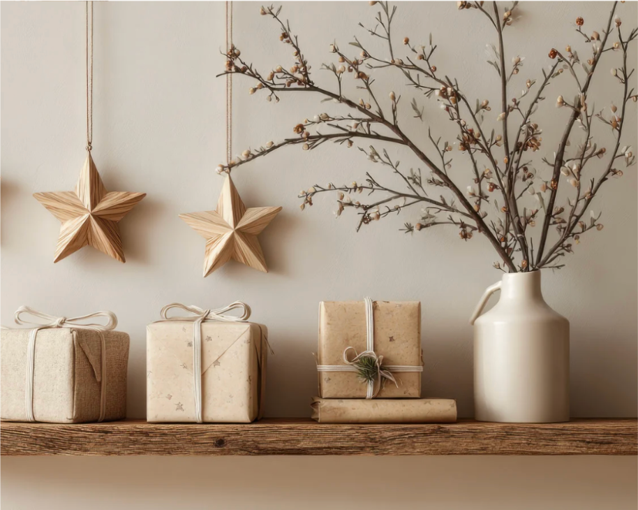 gifts packaged on wooden shelf with wooden star decor