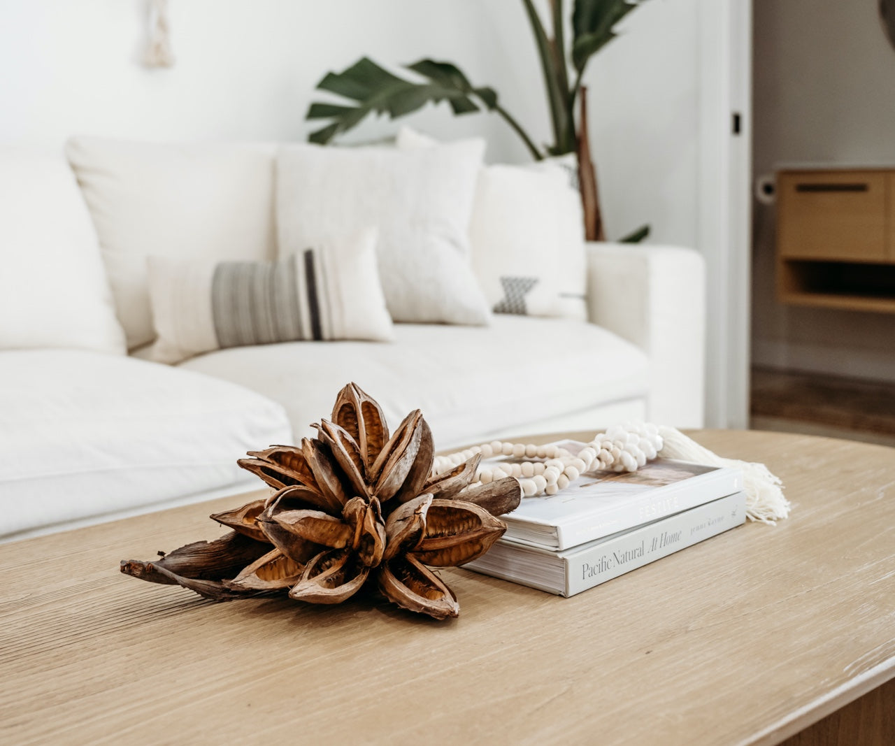 natural decor on a wood coffee table