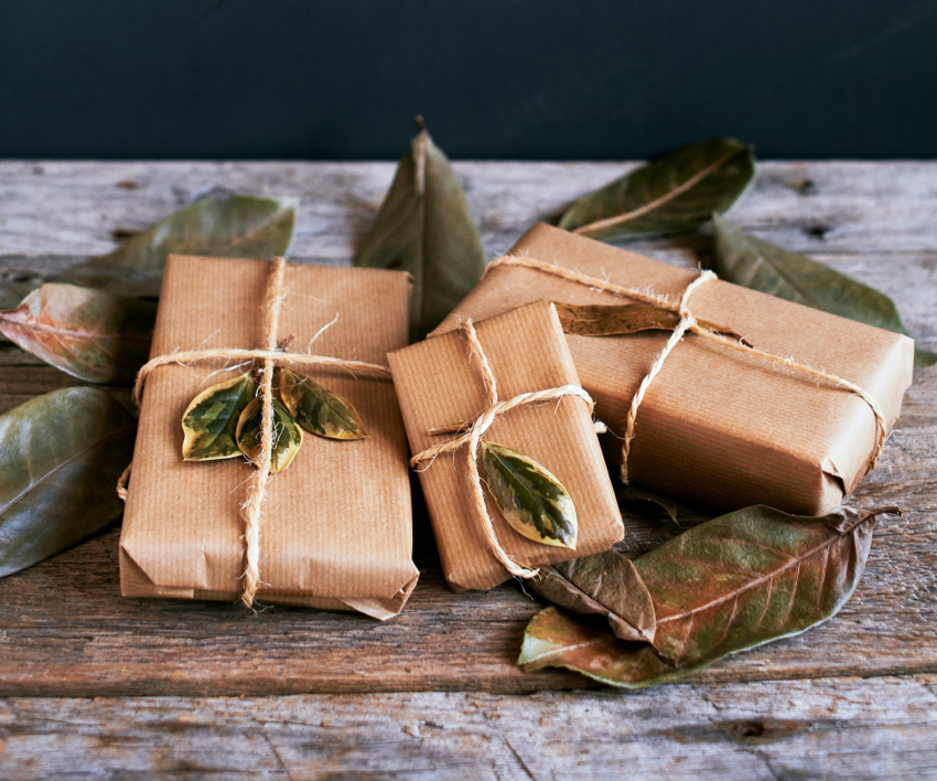 sustainable gifts packaged with leaves