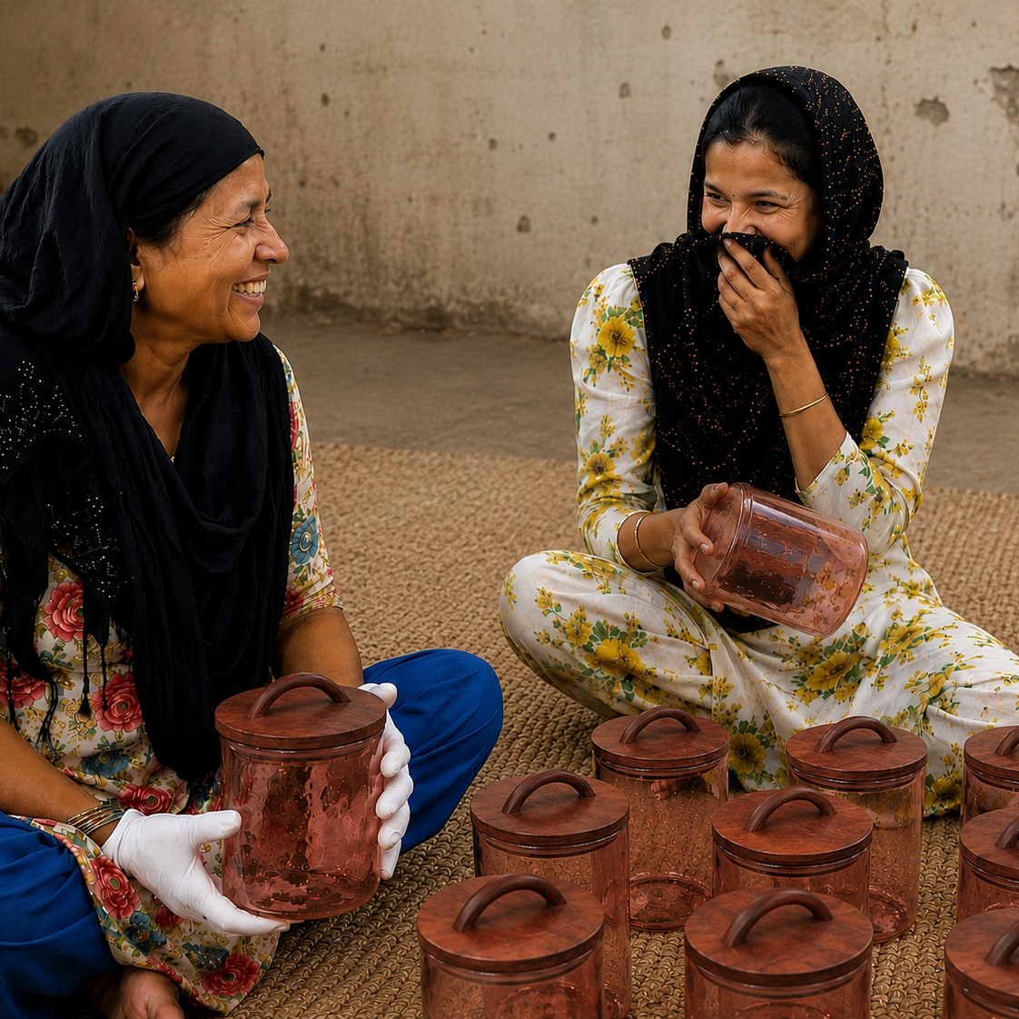 Two women sitting on a woven mat indoors, holding and displaying reddish-brown glass jars with lids. One woman wears a floral print and blue pants, and the other wears a cream floral print with yellow flowers and a black headscarf.