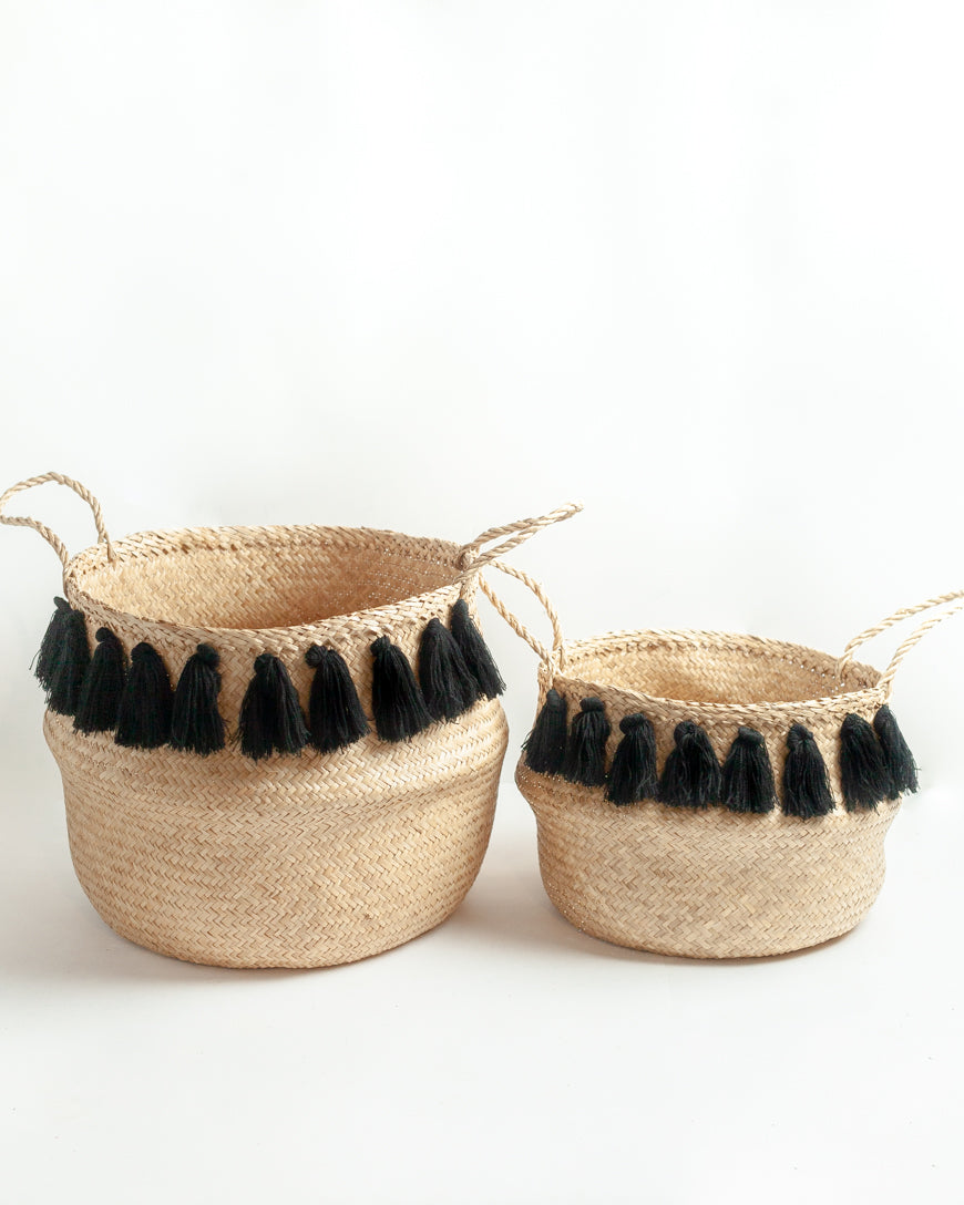 Creative Women Baskets Medium + Large Set Black Tasseled Belly Baskets