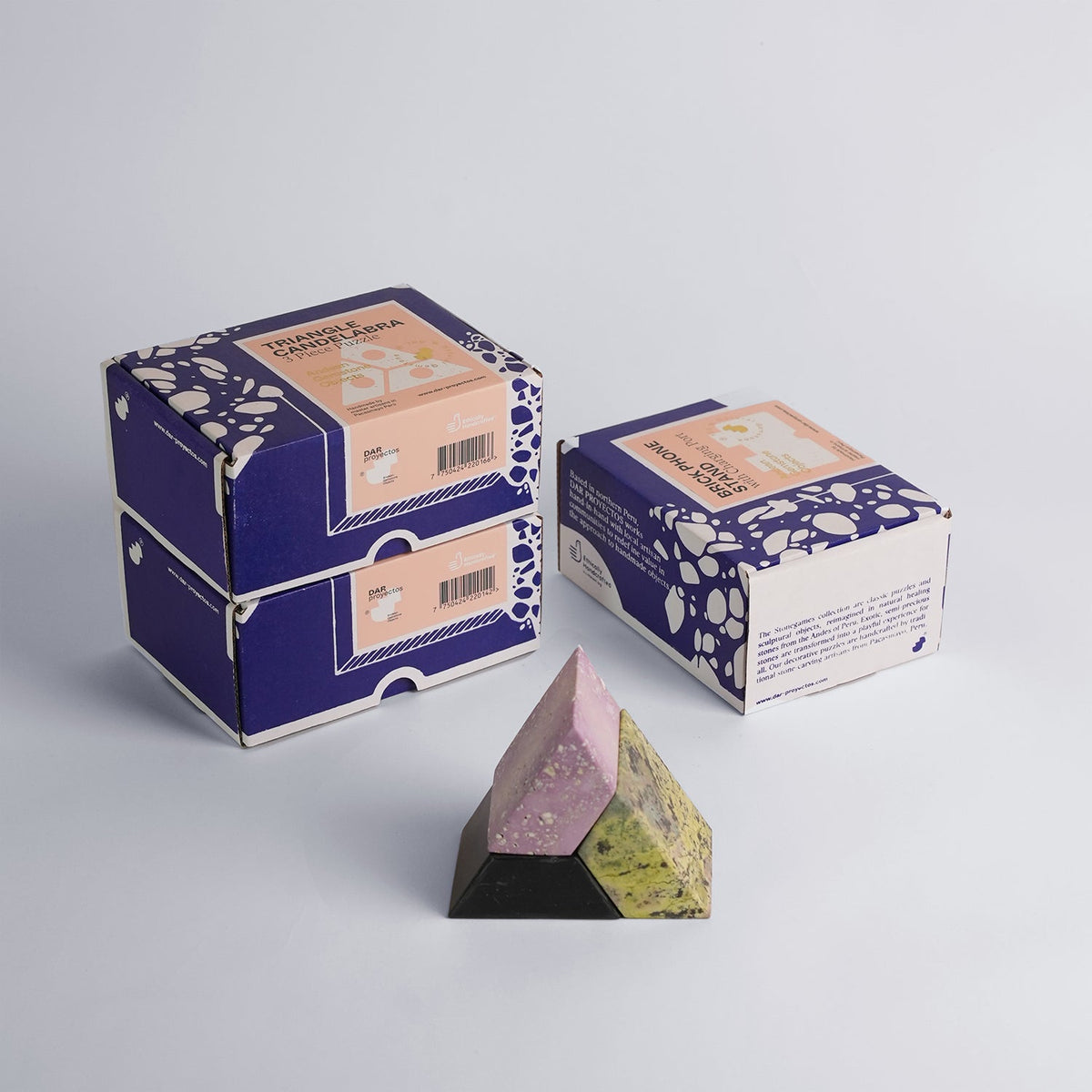 DAR proyectos Candle Holders Lila Stackable Candelabra + Triangle Gemstone Puzzle