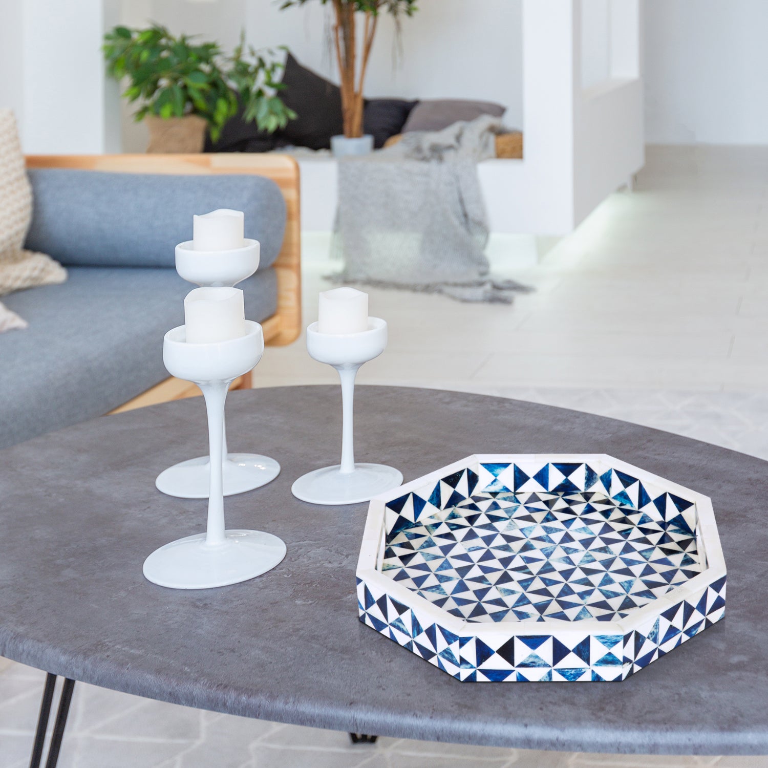 Handicrafts Home Decorative Tray Ory Octagon Bone Inlay Decorative Ottoman Tray Blue White 12