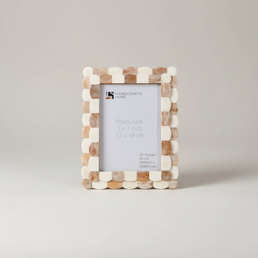 Handicrafts Home Picture Frames Brown-White / 5x7 Picture Frame Scalloped Art Collection Bone Inlay Brown White 3 Sizes