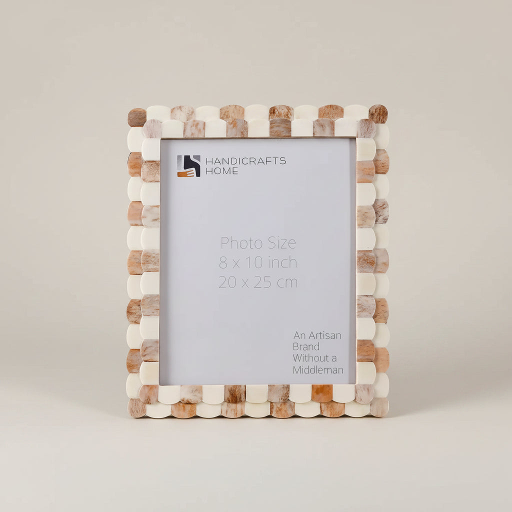 Handicrafts Home Picture Frames Brown-White / 8x10 Picture Frame Scalloped Art Collection Bone Inlay Brown White 3 Sizes