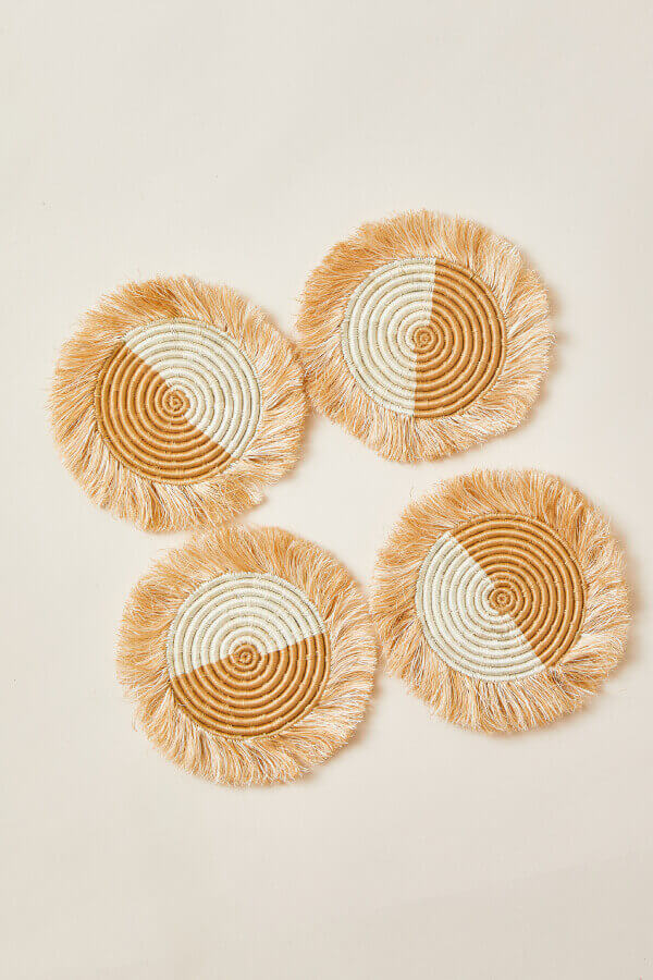 Indego Africa Coasters Akeza Fringe Coasters in White - Set of 4