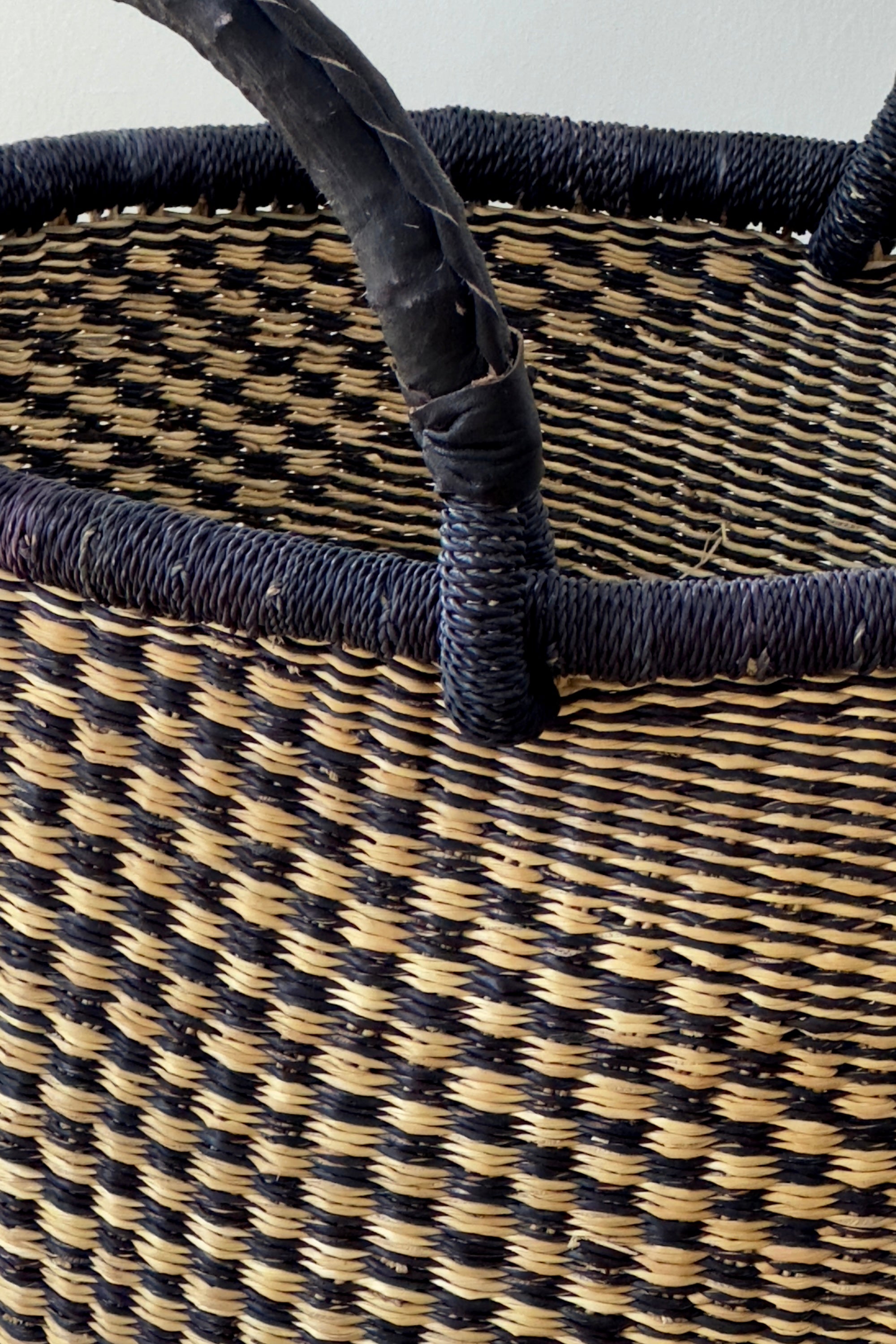 Mbare Handwoven Natural & Black Checkerboard Bolga Basket - Large Round