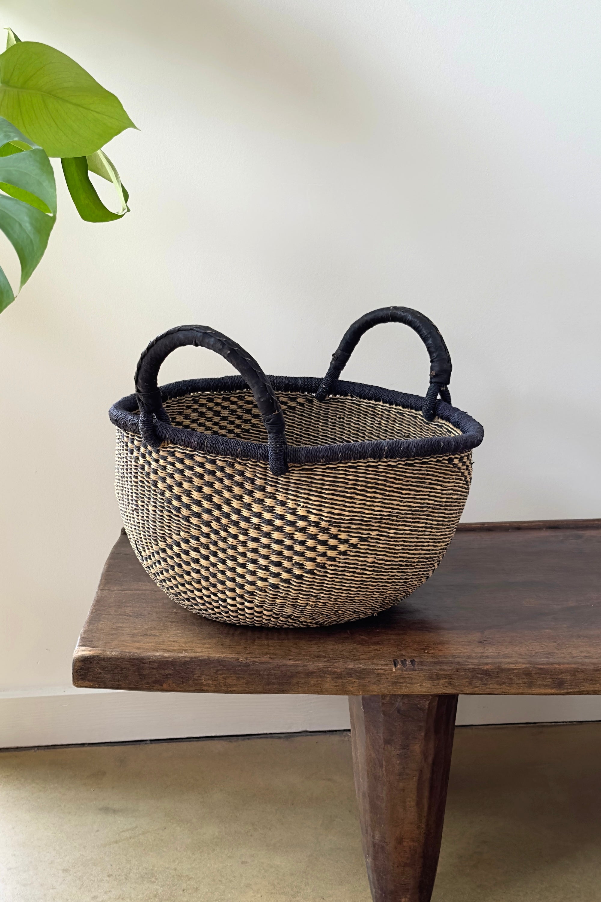 Mbare Handwoven Natural & Black Checkerboard Bolga Basket - Large Round