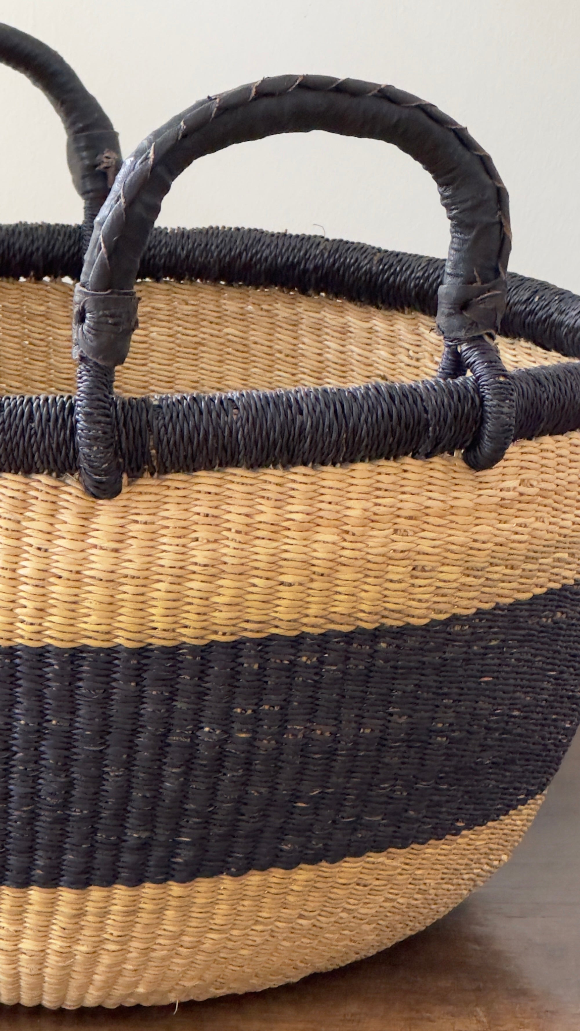 Mbare Handwoven Natural & Black Stripe Bolga Basket - Large Round