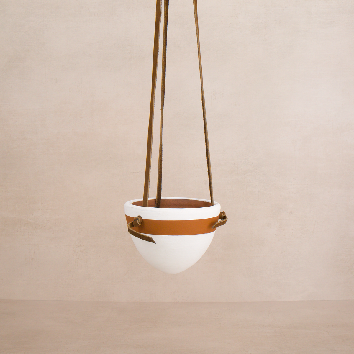 leather strap hanging planter White Terracotta Hanging Planter